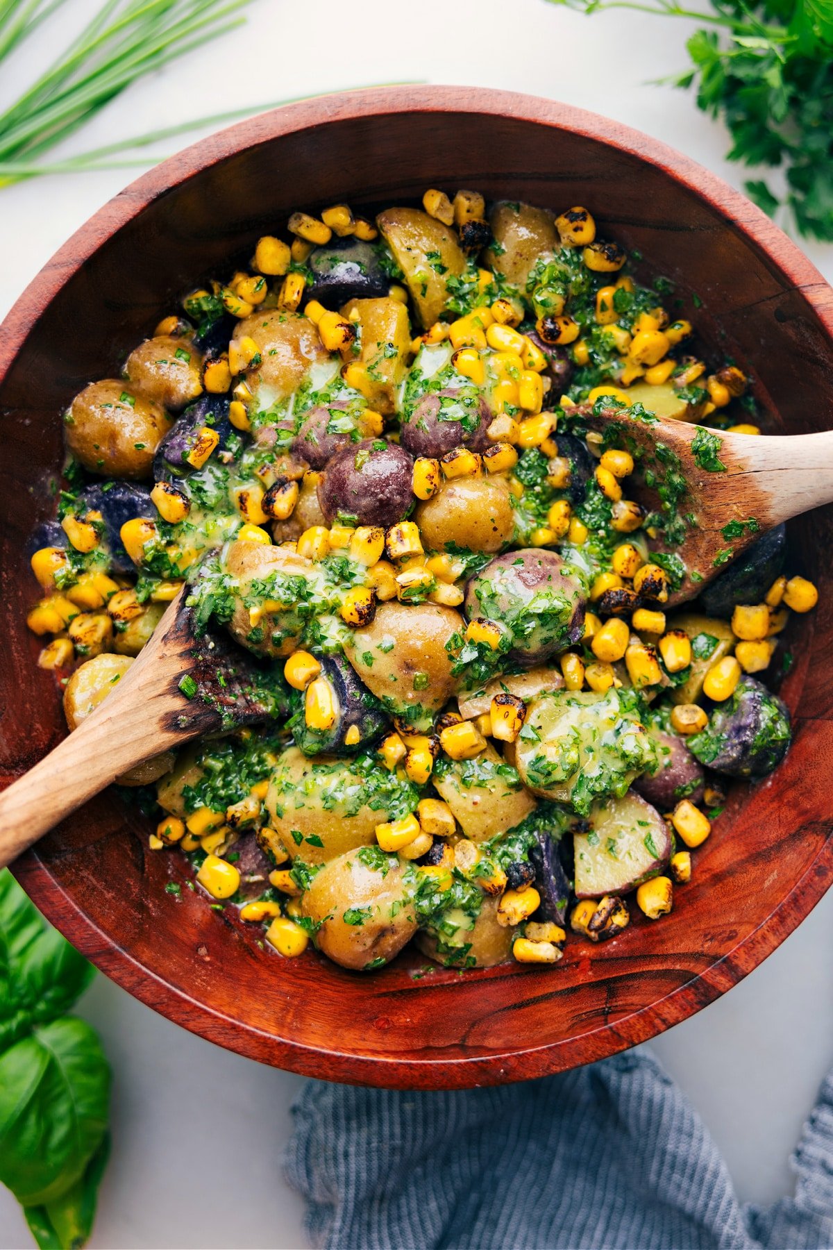 No-Mayo Potato Salad dressed and in a bowl ready to be served at your next get together.