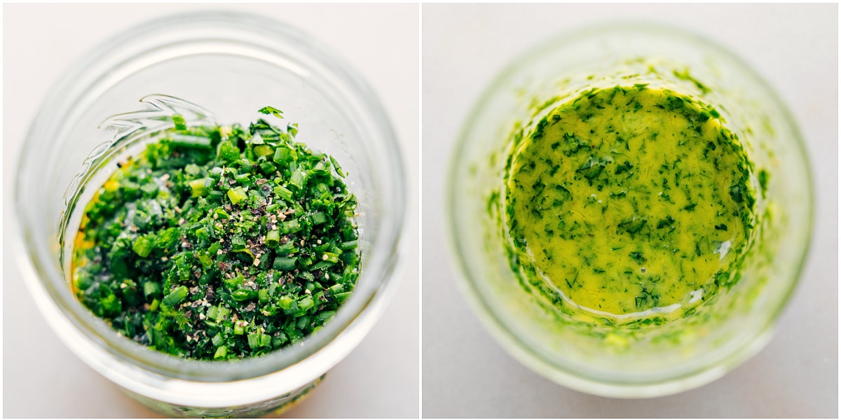 All the dressing ingredients for No-Mayo Potato Salad prepped out in a mason jar.