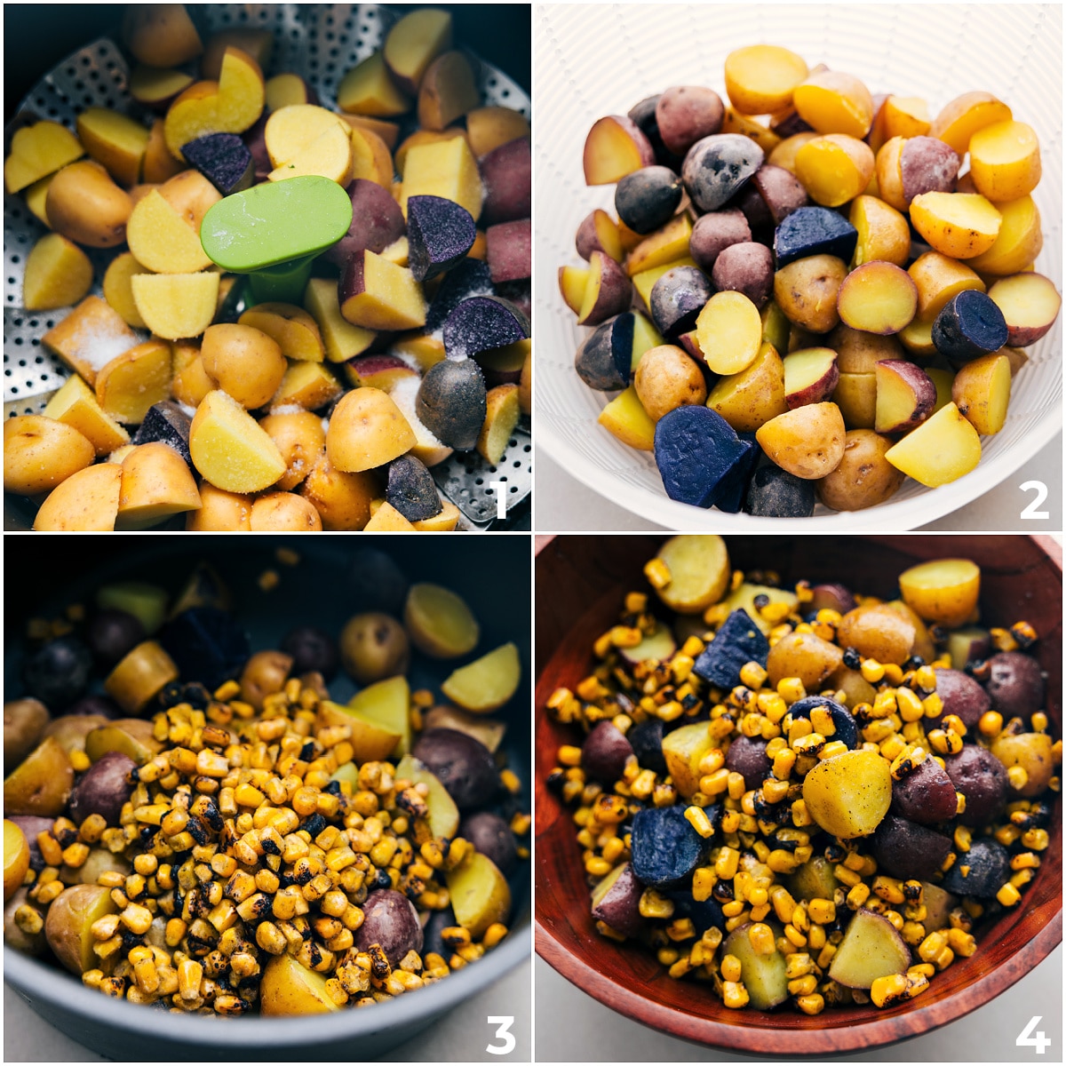 The potatoes being steamed and cooked then the charred corn being added in.