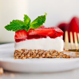 Strawberry Pretzel Salad on a plate ready to be enjoyed.