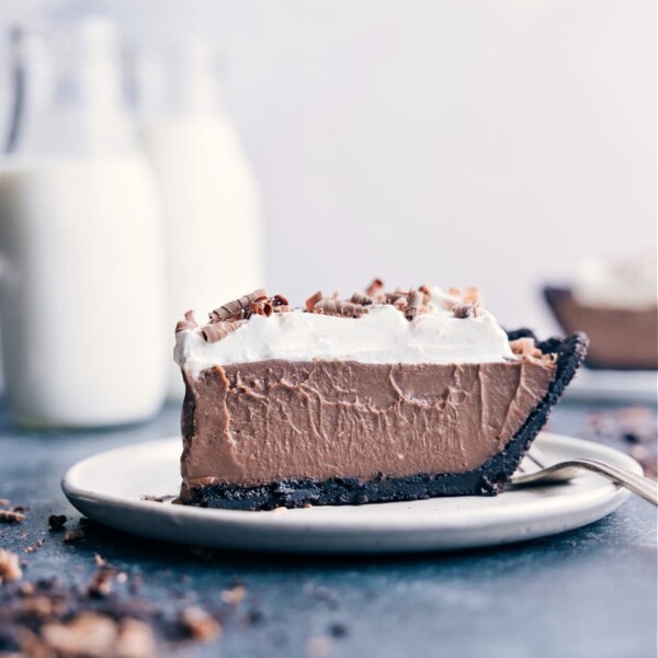 Slice of Chocolate Cream Pie on a plate.