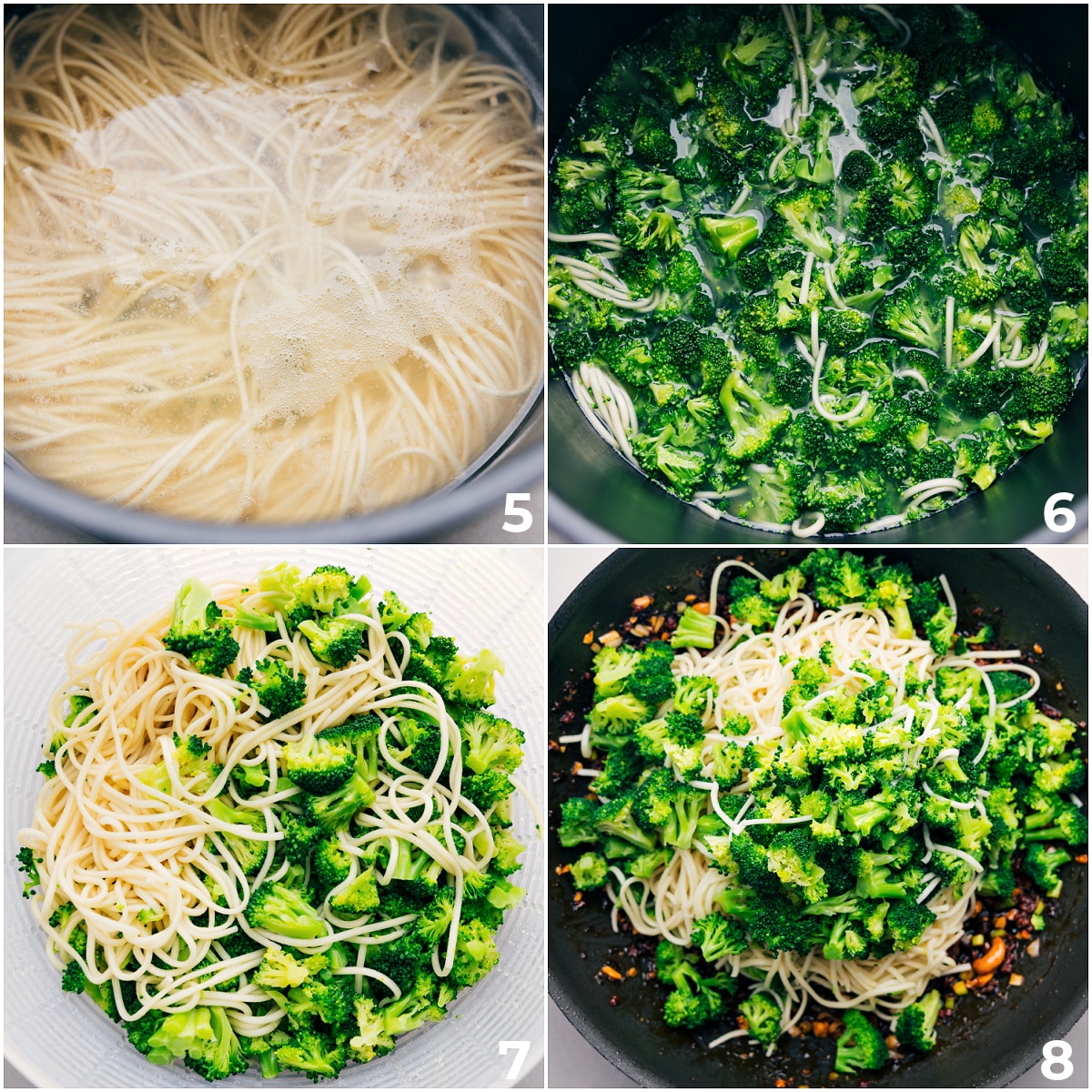 The noodles being cooked and broccoli being added and cooked then added to the sauce.