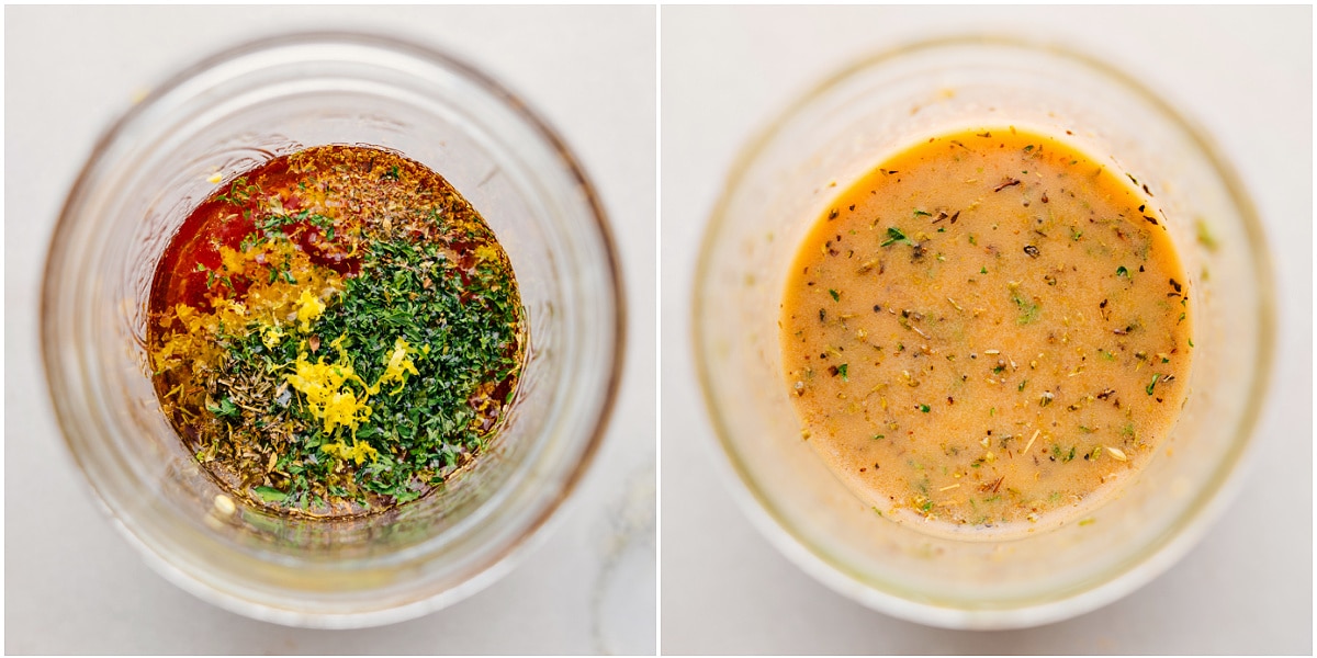 The Italian chicken marinade being mixed together in a mason jar.