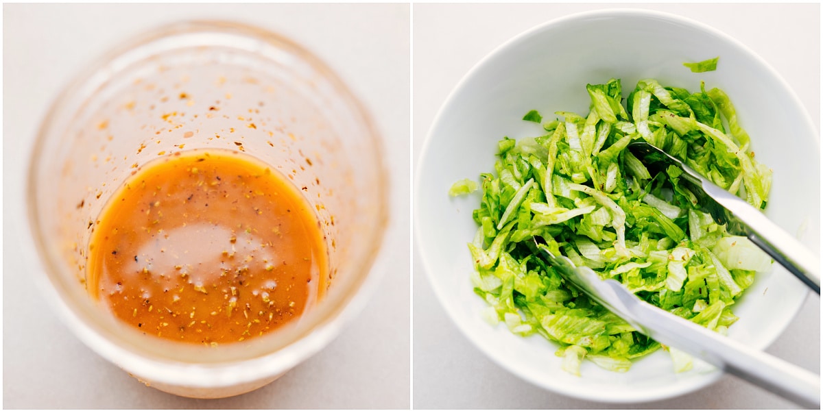 The dressing being mixed together in a mason jar and poured over the lettuce to fill in the sandwiches.