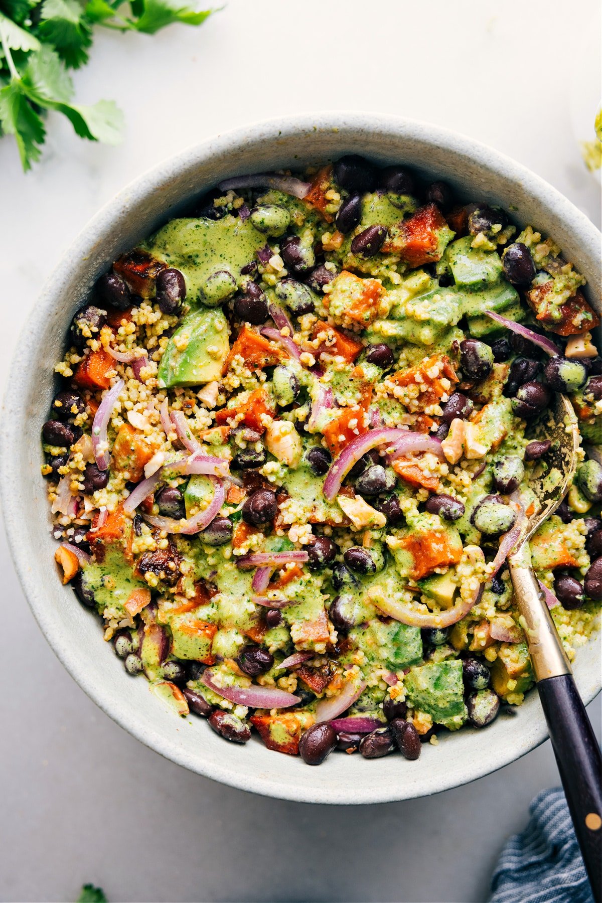 Sweet Potato Black Bean Salad in a bowl, dressed and ready to enjoy.