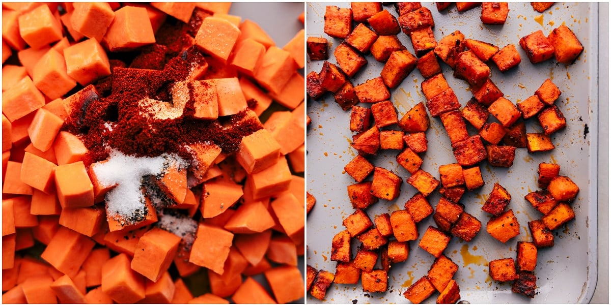 Sweet potatoes roasting on a sheet pan for this sweet potato black bean salad.