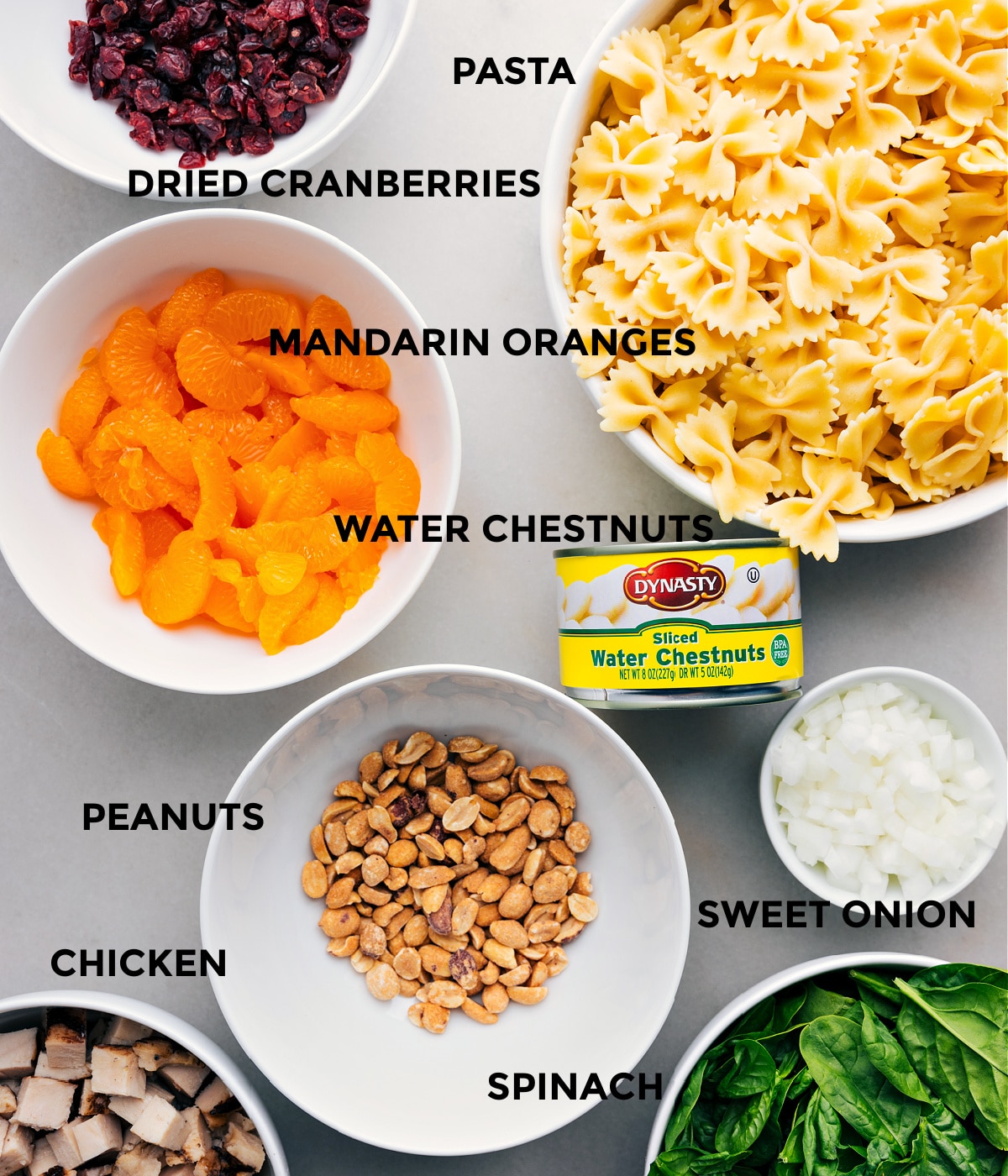 Ingredients including dried cranberries, pasta, water chestnuts, oranges, onion, spinach, peanuts, and chicken prepped out for easy assembly.