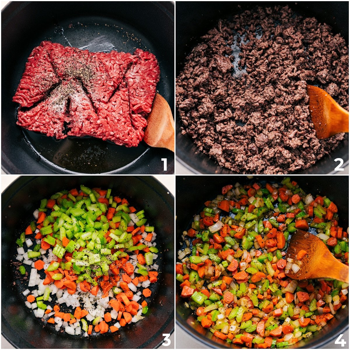 Brown the beef, then sauté and season the veggies for this cheeseburger soup.