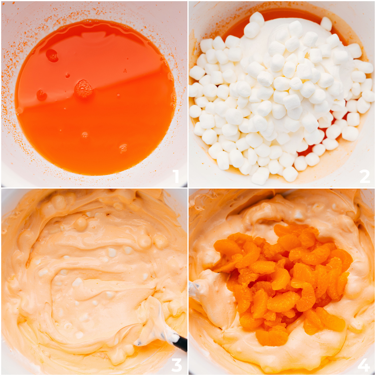 The orange jell-o, cool whip, and marshmallows being added to a bowl along with the mandarin oranges for this orange fluff salad.