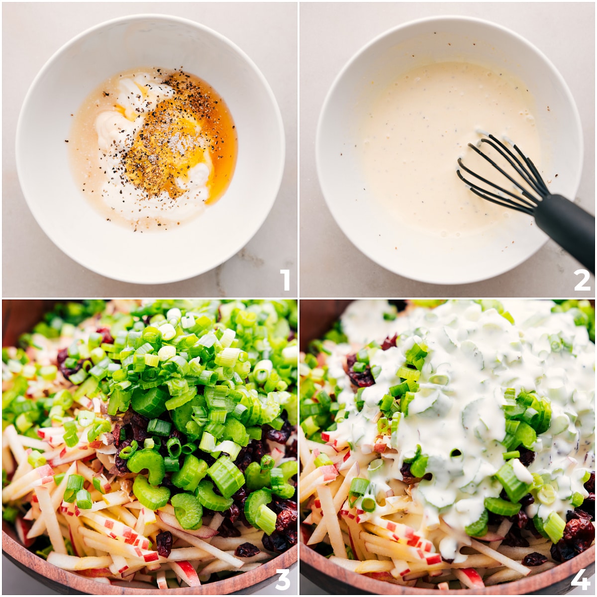 The dressing being whisked together and poured over the assembled salad.