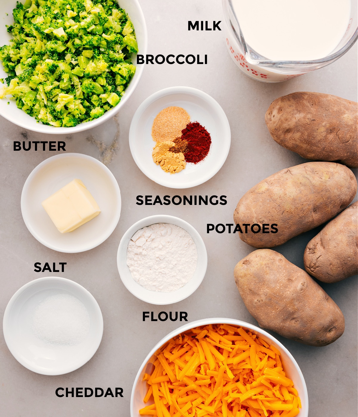 Prep all the ingredients—veggies, seasonings, butter, flour, milk, and cheese—for easy assembly.