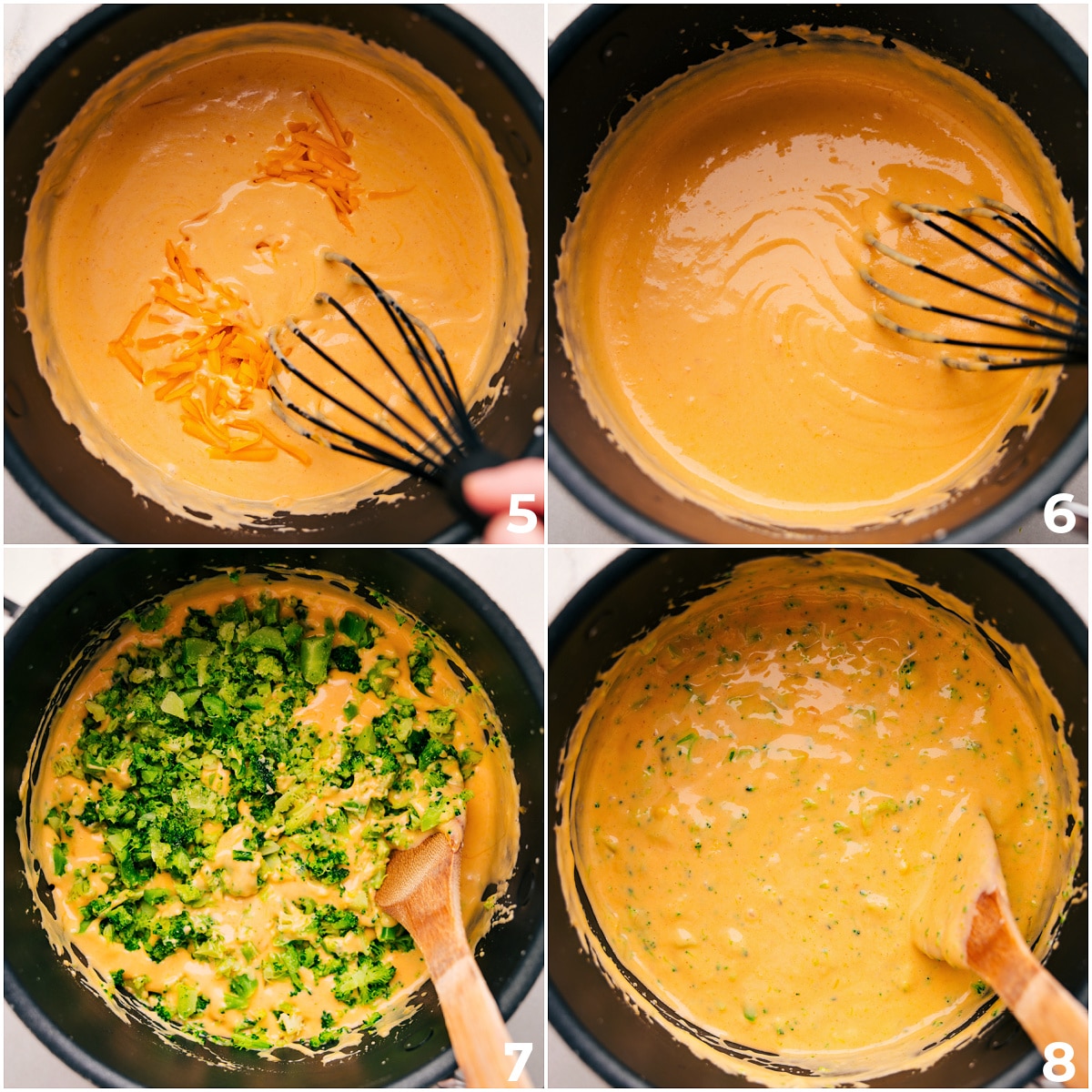 Whisk the cheese sauce in a pot, then stir in the cheese and broccoli.