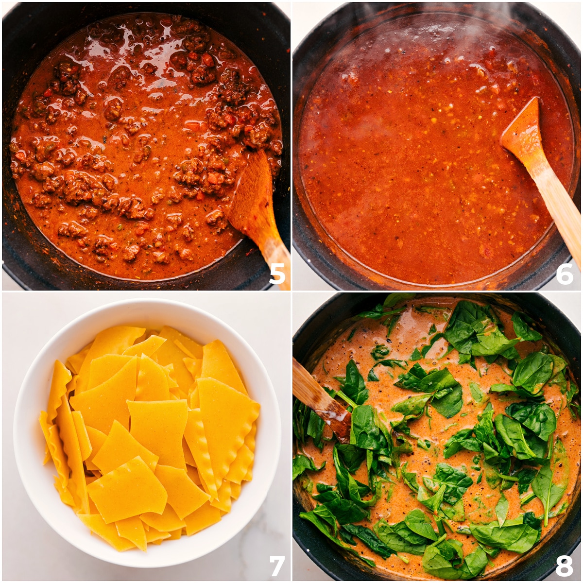 Add the stock to the lasagna soup and let it simmer. Then, add the pasta to cook, followed by the spinach.