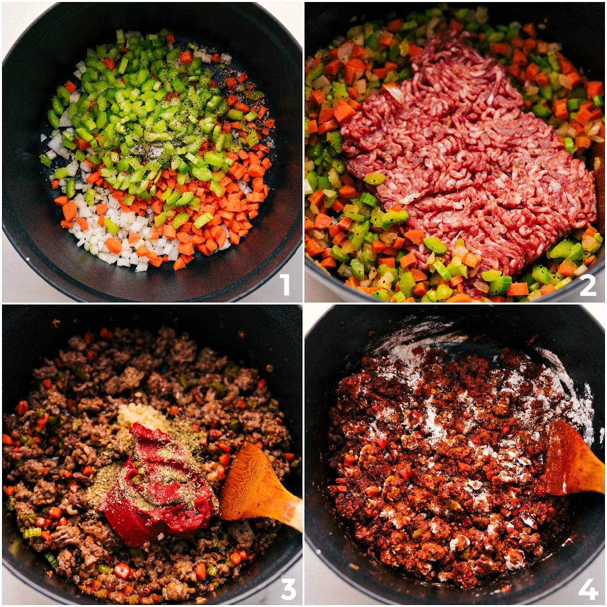 Sauté the veggies, brown the Italian sausage with seasonings and tomato paste, and cook everything together.