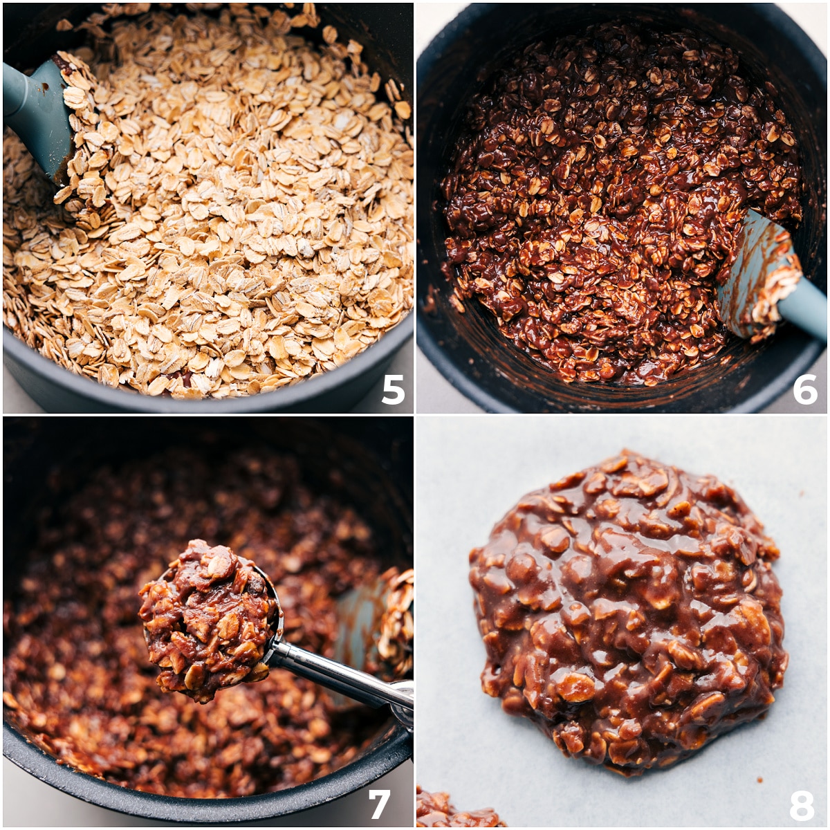 Add in the oats to the chocolate-peanut butter mixtures and measuring out each cookie.