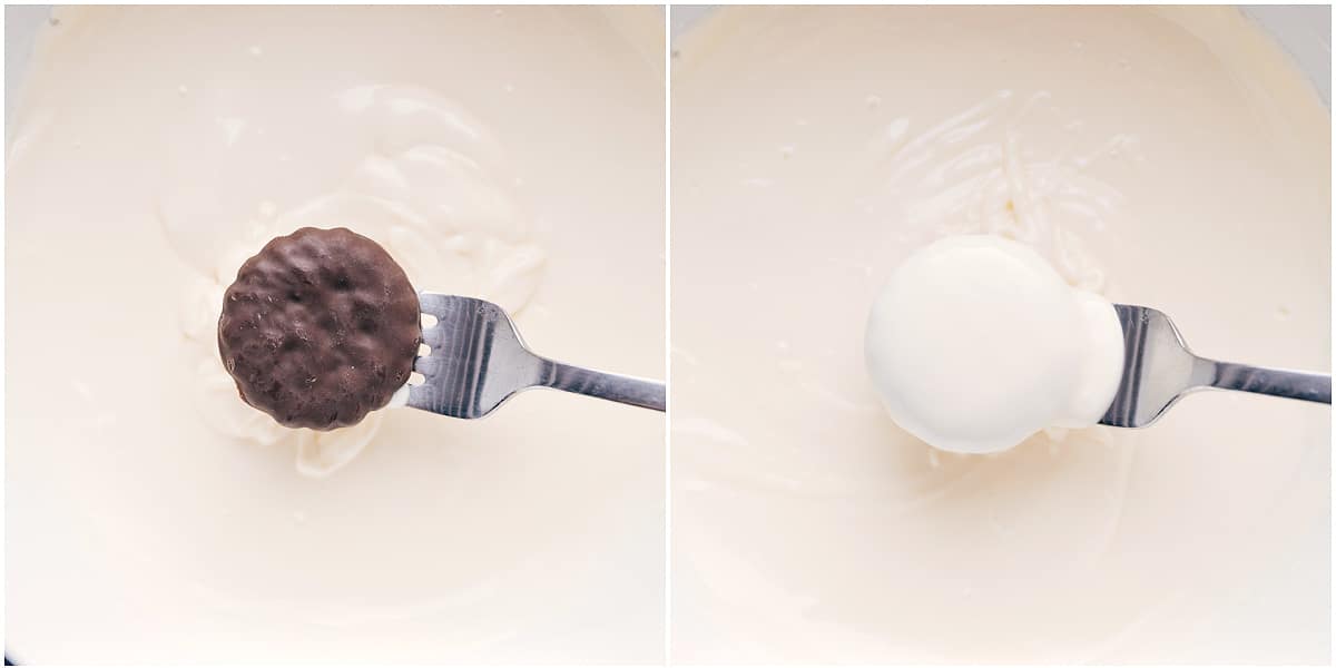 Dipping the cookies in white chocolate for these peppermint cookies.