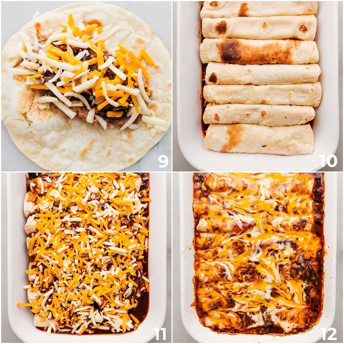 Assemble the shredded beef enchiladas by adding all the ingredients to each tortilla, placing the tortillas in a casserole dish, and baking.