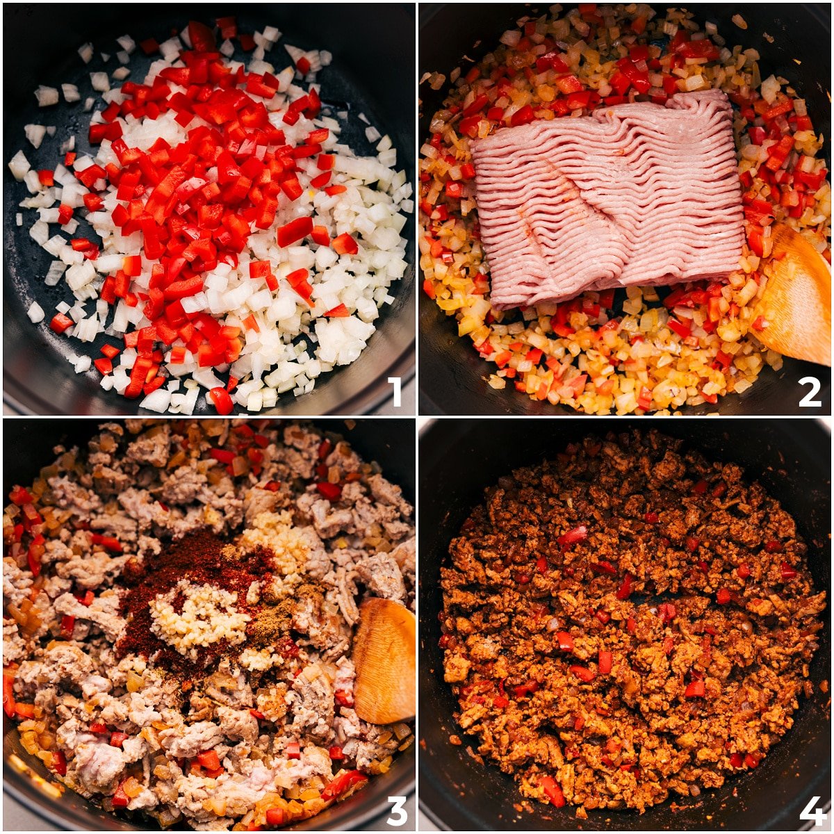 The veggies sautéing, turkey browning, seasonings mixing in, and everything simmering together for this Beef Enchilada Soup.