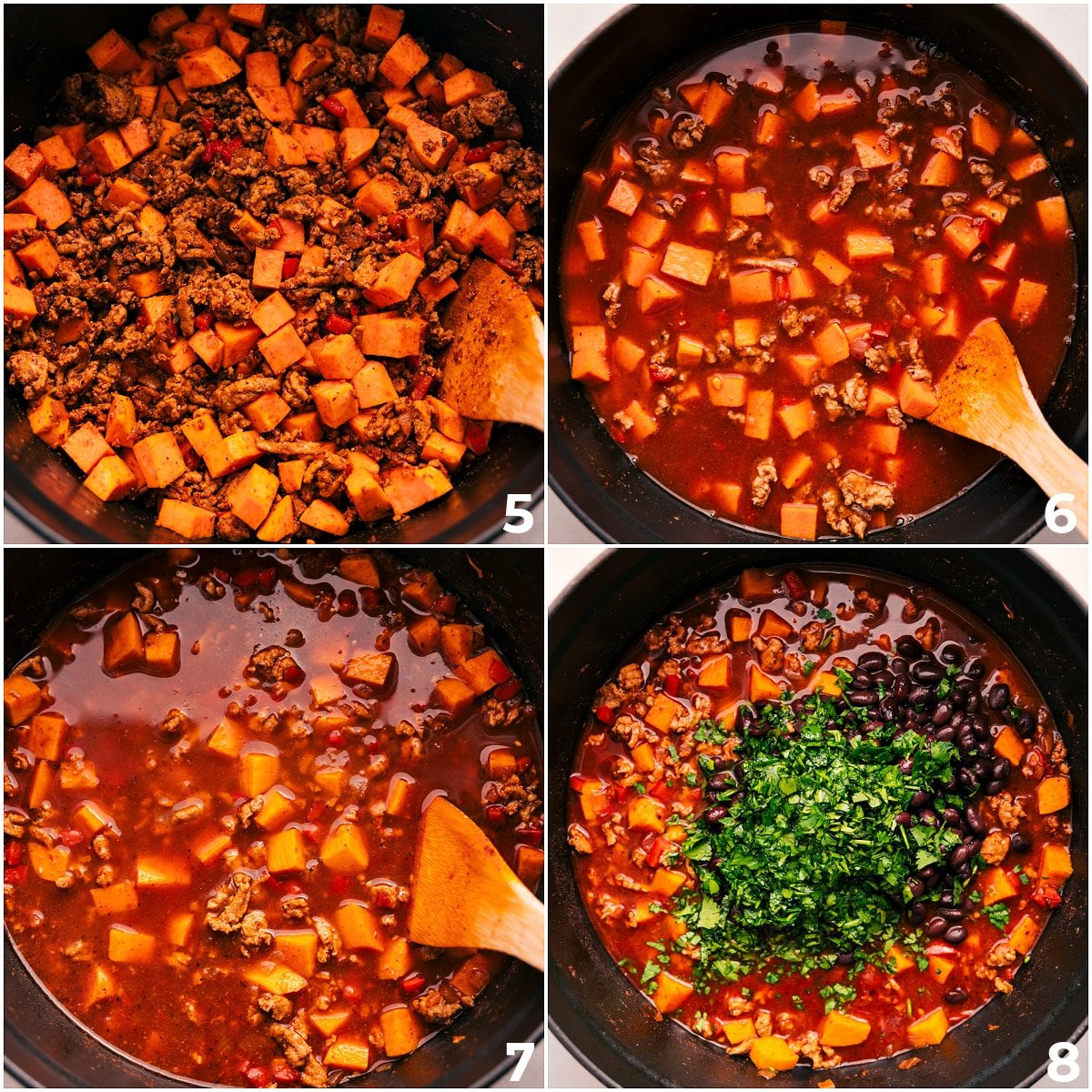 The broth, sauce, herbs, and beans going into the pot.