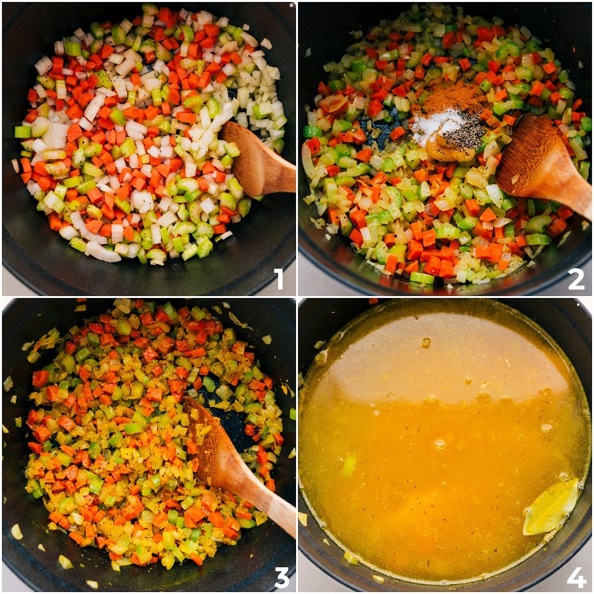 Veggies are sautéed, then seasonings, garlic, and ginger are added and mixed together, followed by the broth and bay leaves for this couscous soup.