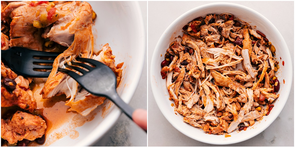 The meat being shredded to be added back to the slow cooker.