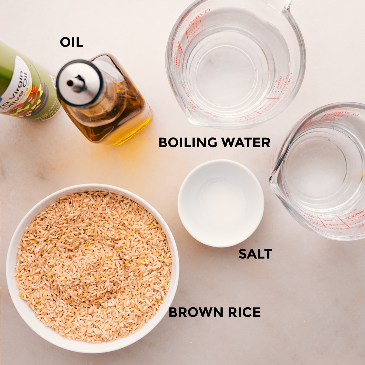 Ingredients in this recipe are ready for easy assembly: rice, salt, boiling water, and oil.