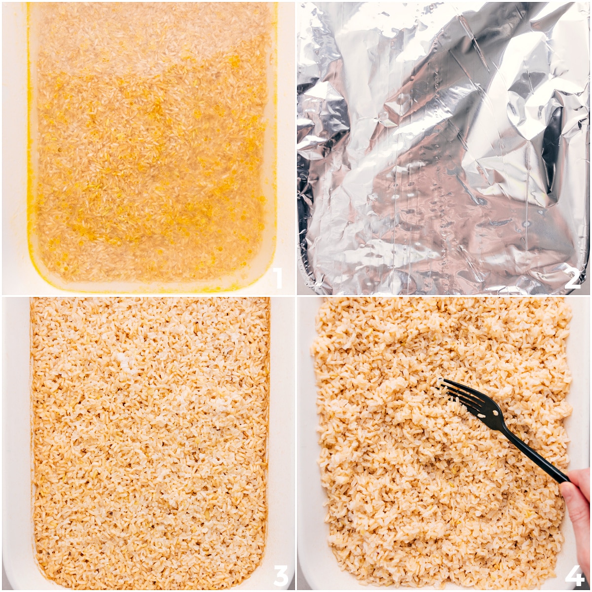 This guide shows how to cook brown rice using a casserole dish, boiling water, oil, and foil to cover it before baking.