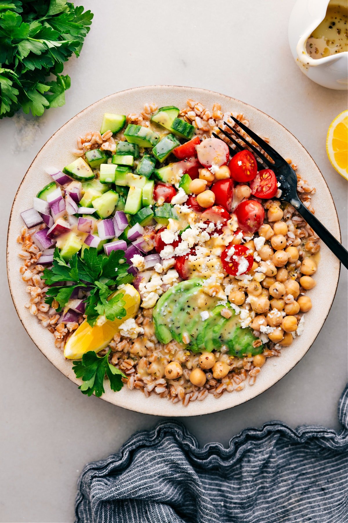 This grain bowl combines the best grains, fresh veggies, and the most delicious dressing.