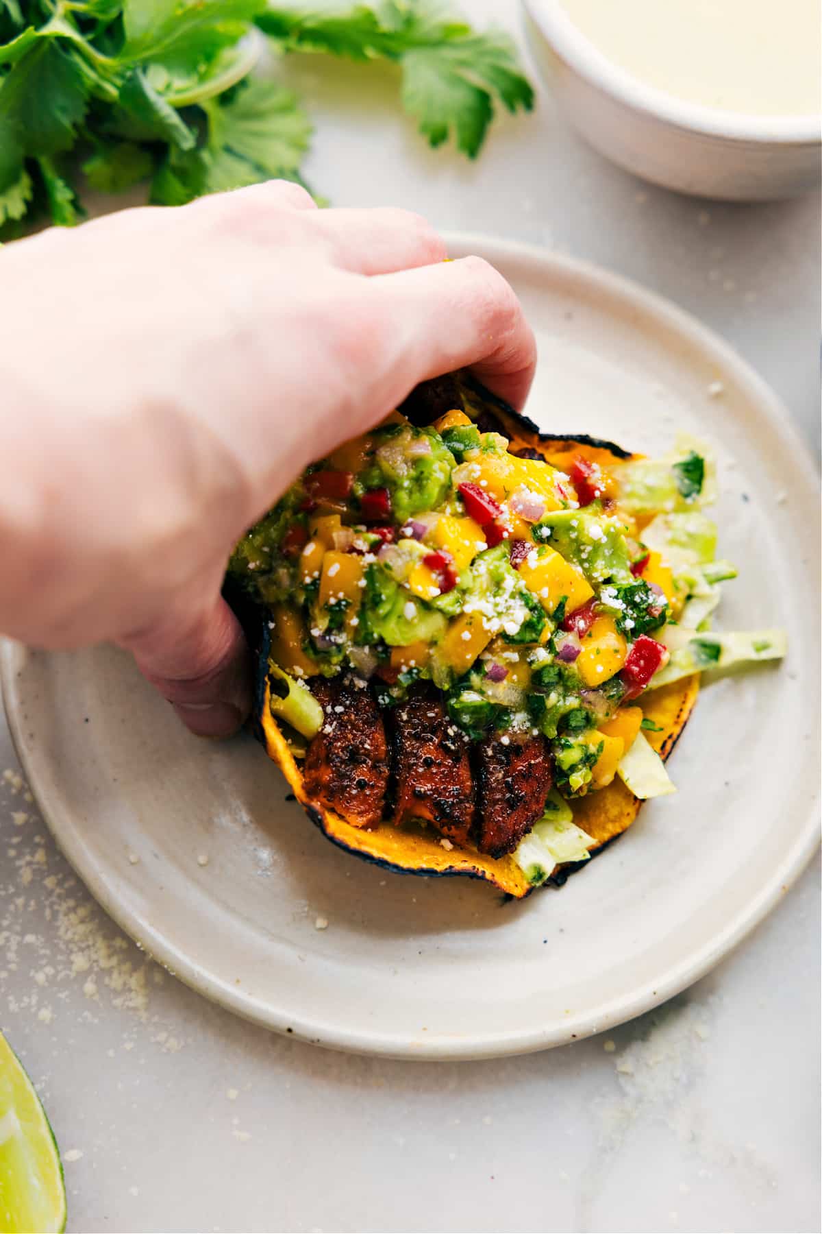 Salmon Tacos on a plate with all the toppings.