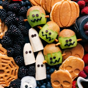 Tray filled with a spooky selection of Halloween breakfast ideas.