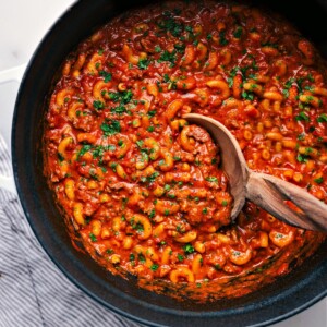 Overhead Image Of Easy Hamburger Helper in a Pot – One-Pot Comfort Food