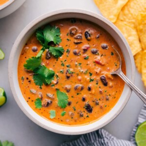 Overhead view of a bowl filled with Pumpkin Black Bean Soup