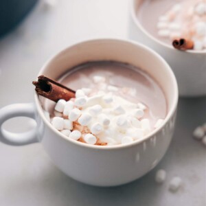 Finished steaming beverage in a mug, lavishly topped with whipped cream, marshmallows, and a cinnamon stick.