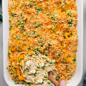 Delicious casserole of chicken tetrazzini with a crispy, flavorful top ready to be enjoyed.