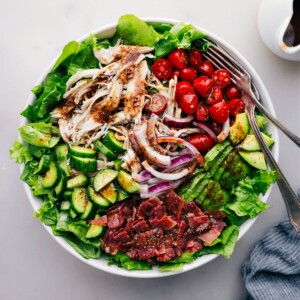 Dressed Turkey Bacon Avocado Salad ready to be enjoyed.