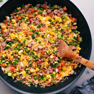 Big pot of ham fried rice ready to be enjoyed.