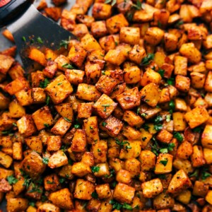 Breakfast potatoes fresh out of the oven ready to be enjoyed.