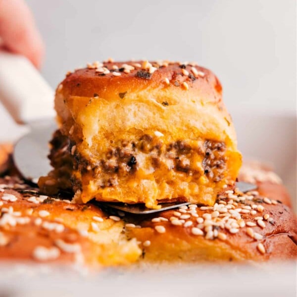 Cheeseburger sliders fresh out of the oven.