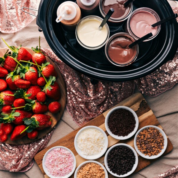 Chocolate-Covered Strawberry Dessert Bar all set up ready to go.