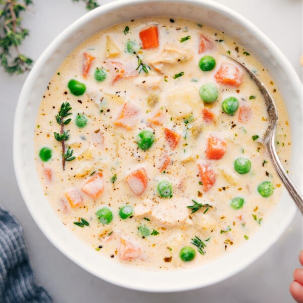 Chicken and potato soup in a bowl ready to be enjoyed.