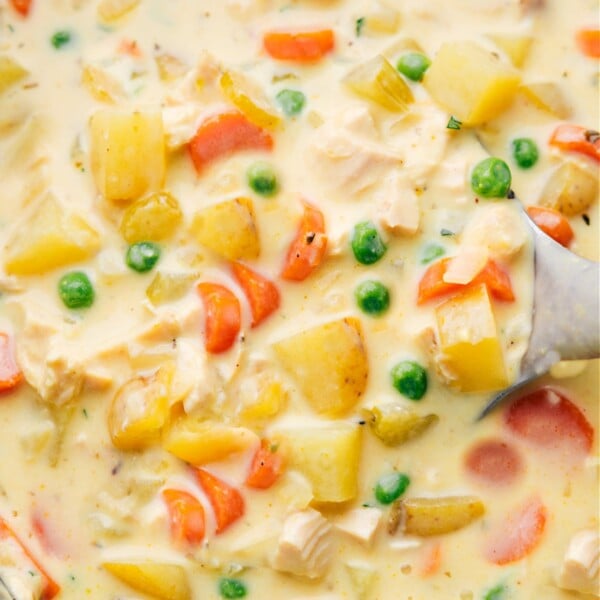 The finished warm and delicious curry chicken chowder, packed full of flavor, vegetables, and chicken, creating the perfect meal.