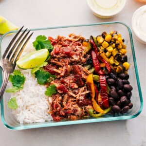 Salsa chicken crockpot prepped out for meal prep.