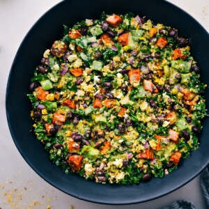 Kale Sweet Potato Salad in a bowl ready to be enjoyed.