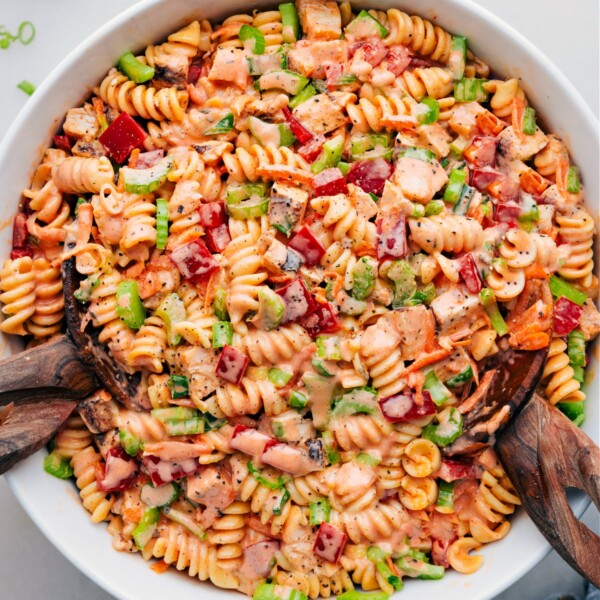 Buffalo Chicken Pasta Salad in a bowl.