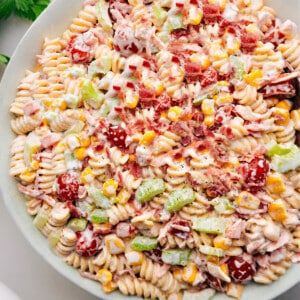 Chicken Pasta Salad in a bowl ready to be served.