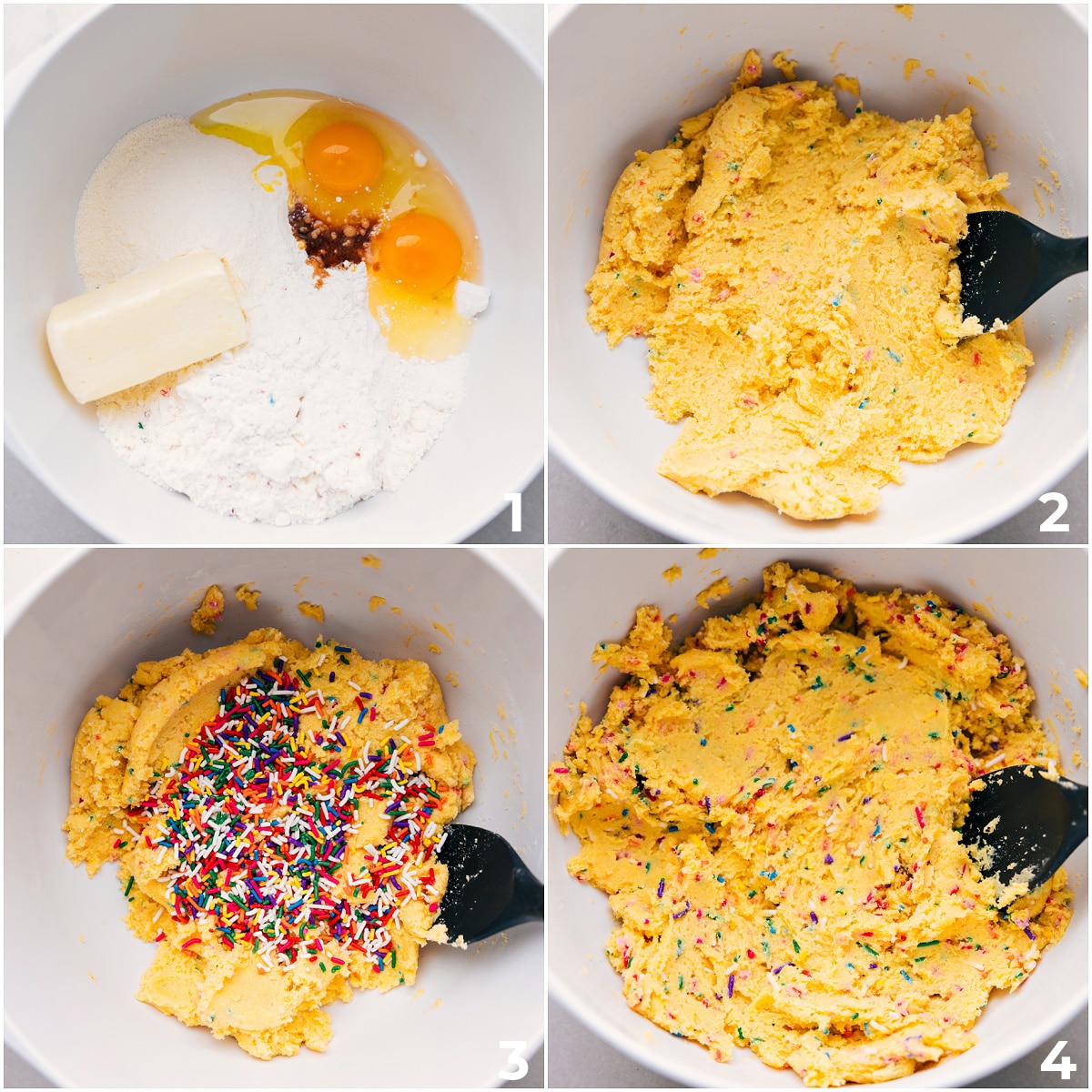 All the ingredients in these cake mix cookies being added to a bowl and being mixed together until a thick dough appears.