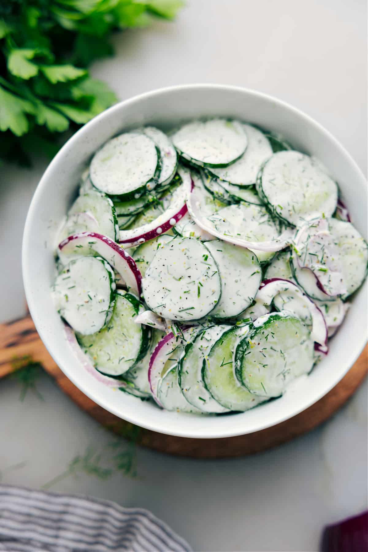 Creamy Cucumber Salad assembled and ready to be enjoyed.