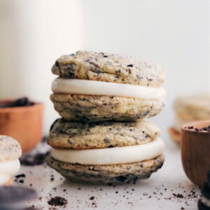 Oreo Whoopie Pies stacked on top of each other.