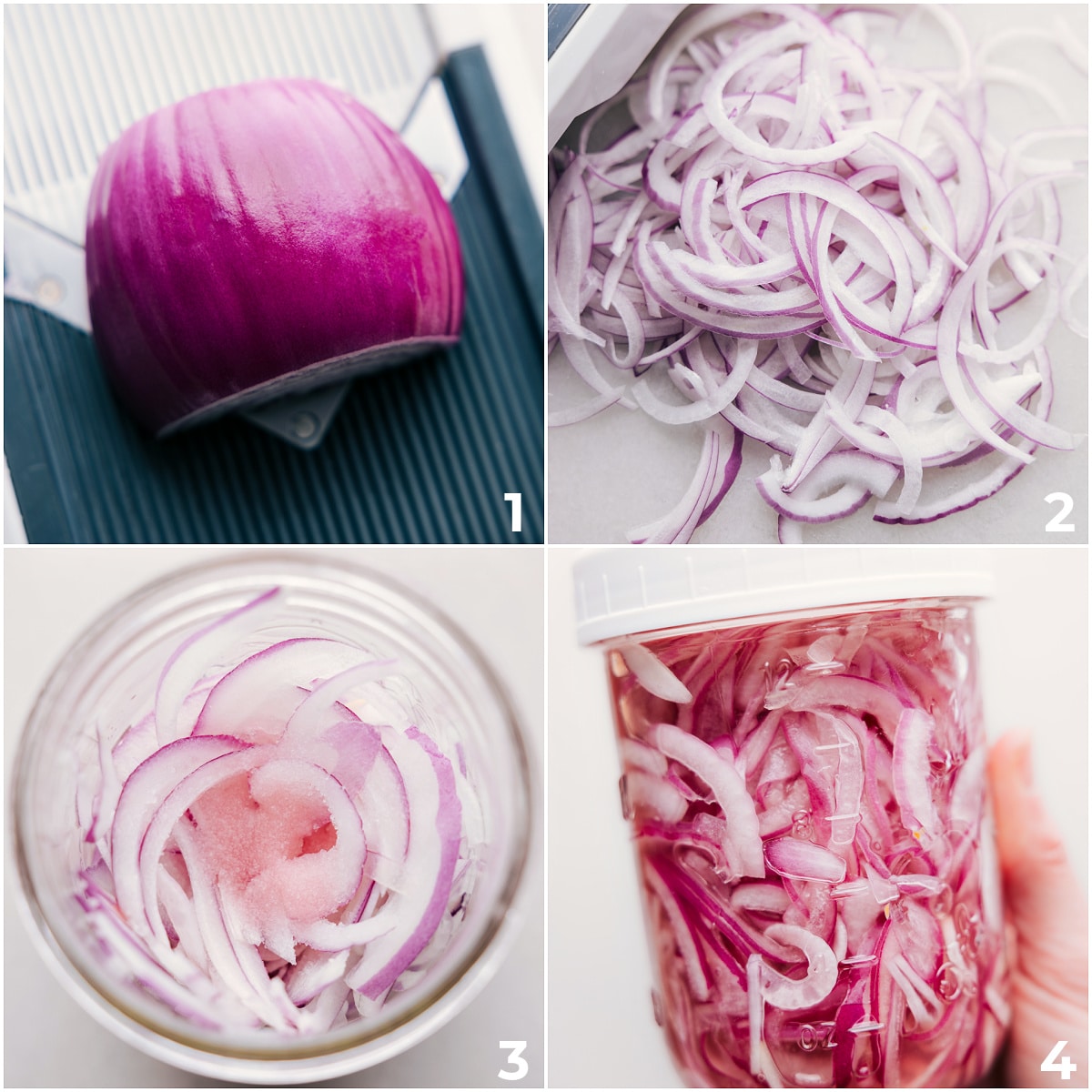 The red onions being thinly sliced and all the pickling ingredients being poured on top of them in a jar for these pickled red onions.