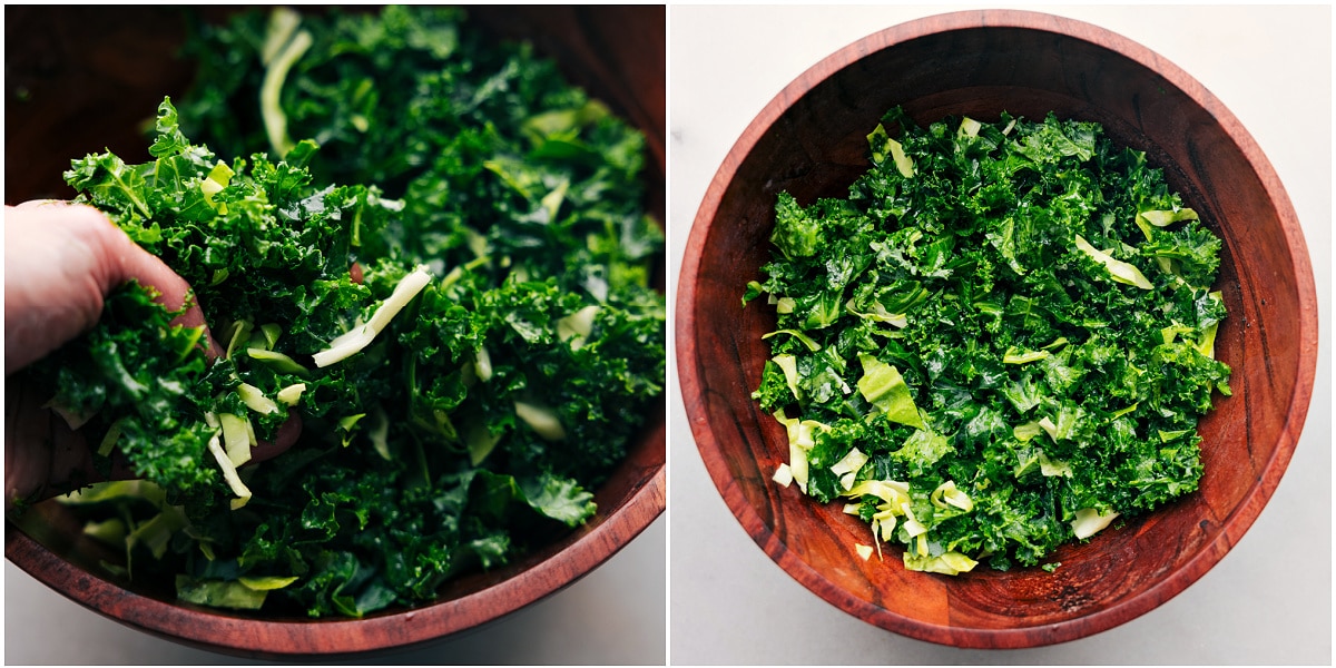 The greens being mixed together in a large bowl for this recipe.